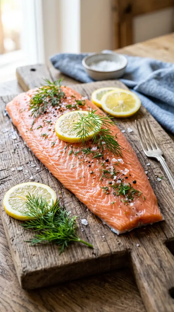 Fresh salmon fillet with herbs and lemon slices on a wooden board.