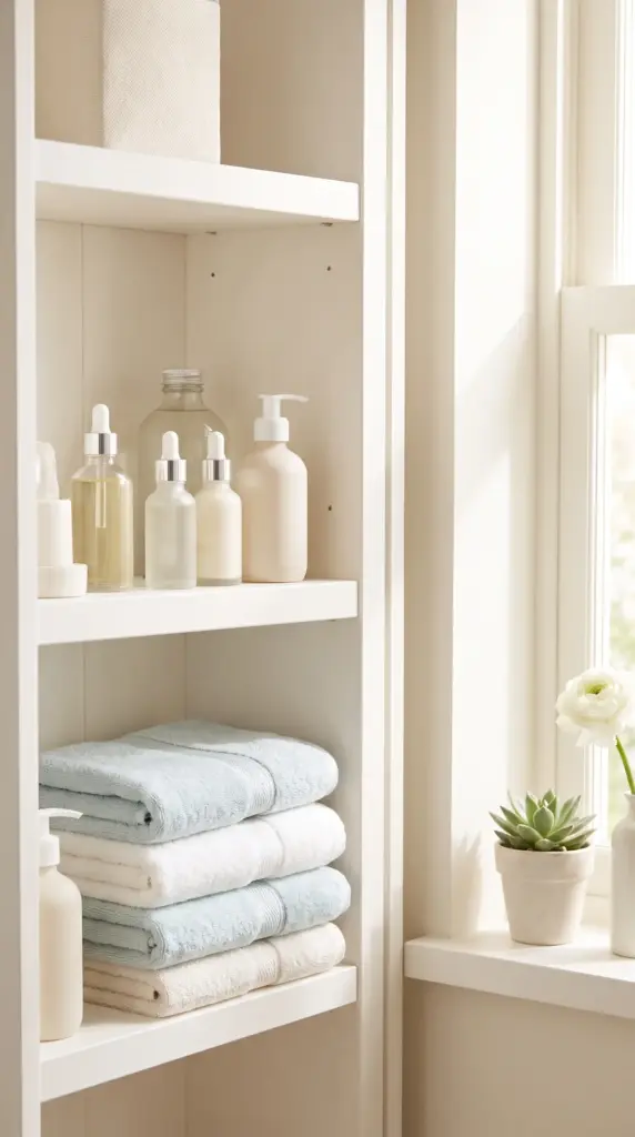 Fragrance-free personal care products displayed on a bathroom shelf.