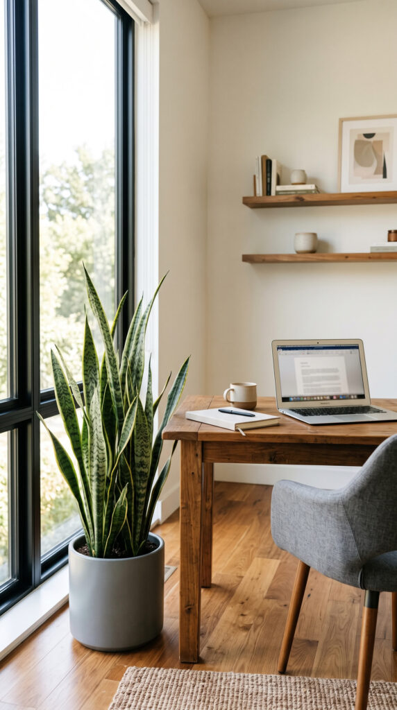 Snake plant beside a modern home office desk with natural sunlight.