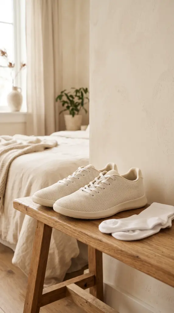 Breathable mesh shoes placed beside clean socks