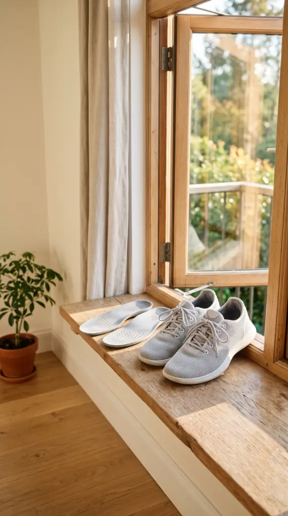 Breathable shoes and insoles drying near an open window
