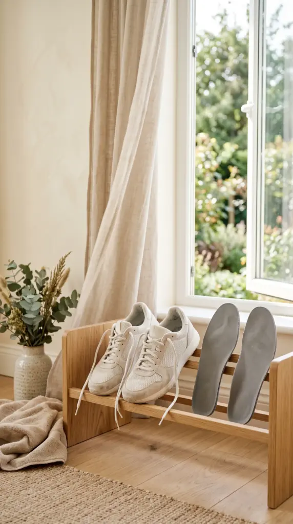 Sneakers and removable insoles air-drying near an open window
