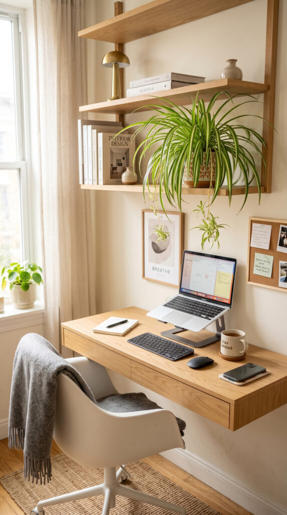 Spider plant displayed on a compact home office desk.