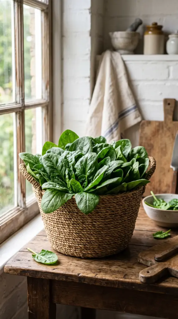 Fresh spinach leaves in a woven basket on a kitchen counter.