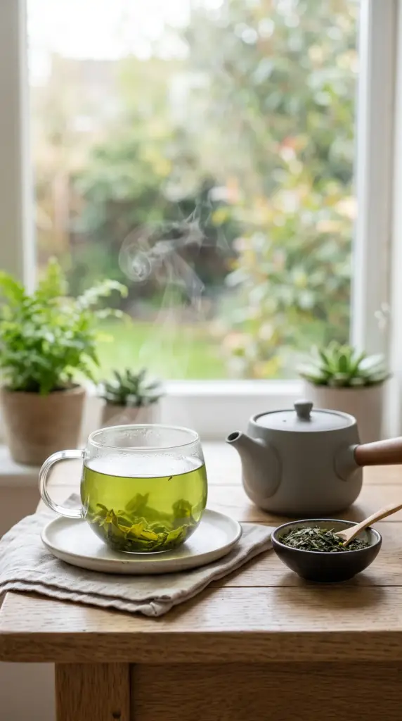 Cup of green tea beside loose tea leaves and a teapot.