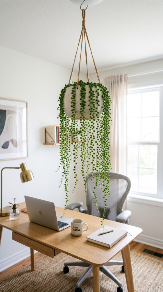 String of Pearls succulent hanging above a home office desk.