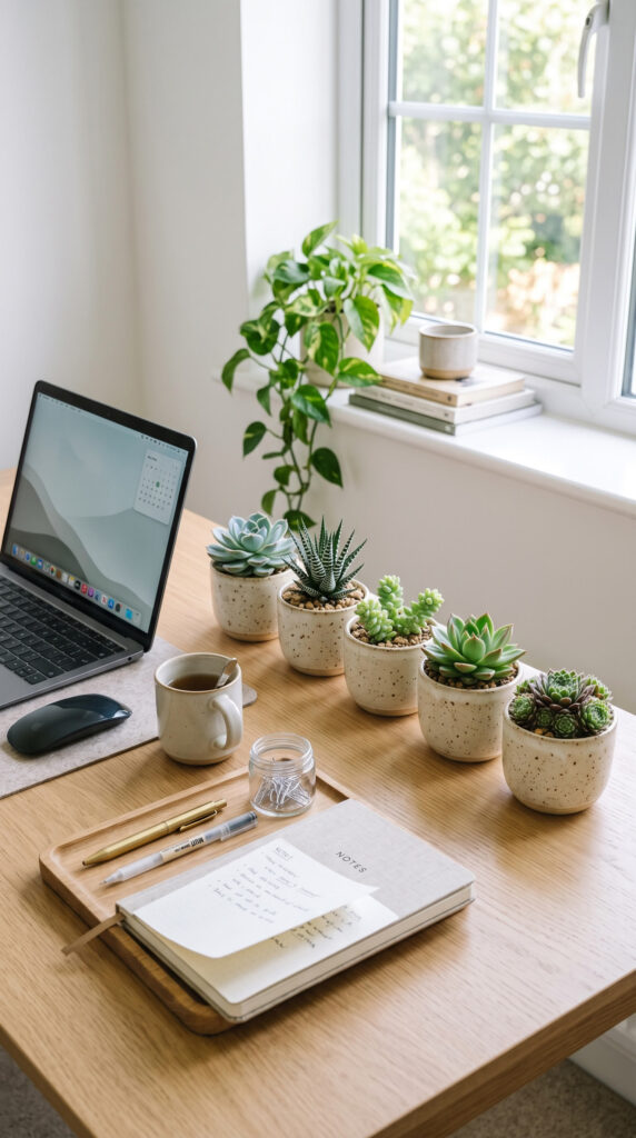 Collection of colorful succulents arranged on a home office desk.