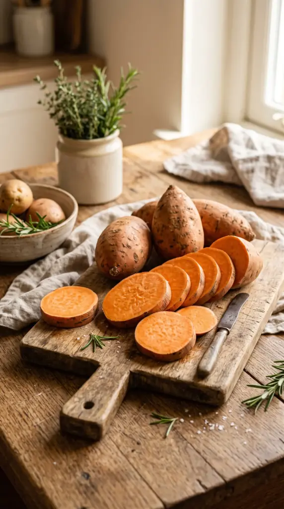 Whole and sliced sweet potatoes arranged on a wooden table.