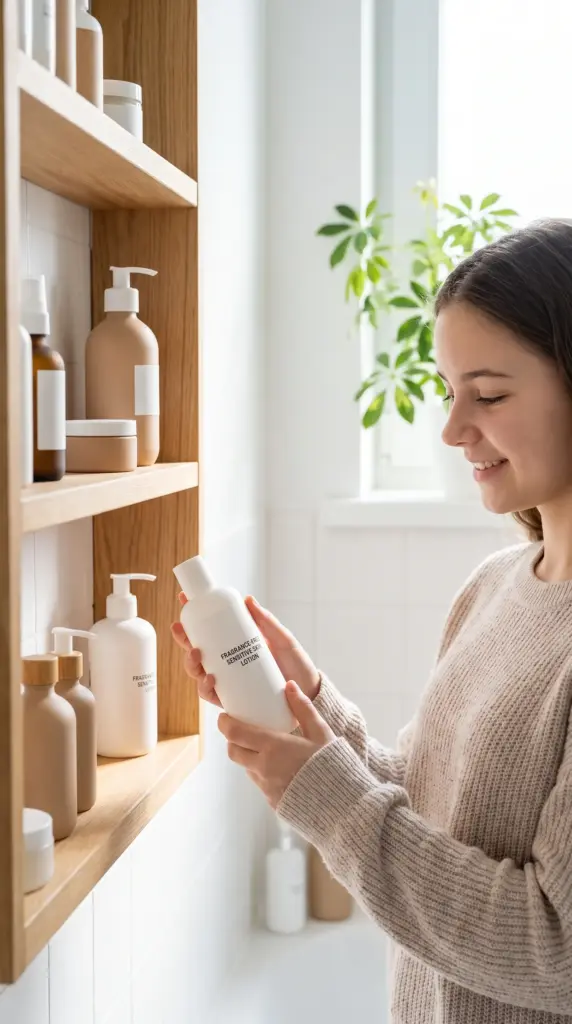 Teen girl choosing simple personal care products in a bathroom.