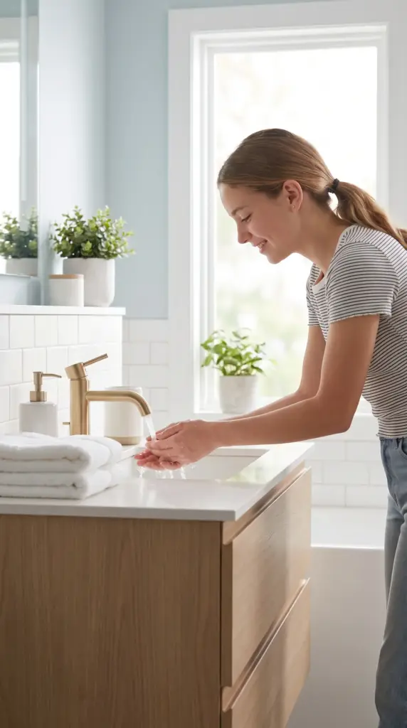 Teen girl washing her hands and following a gentle personal hygiene routine in a bright bathroom.