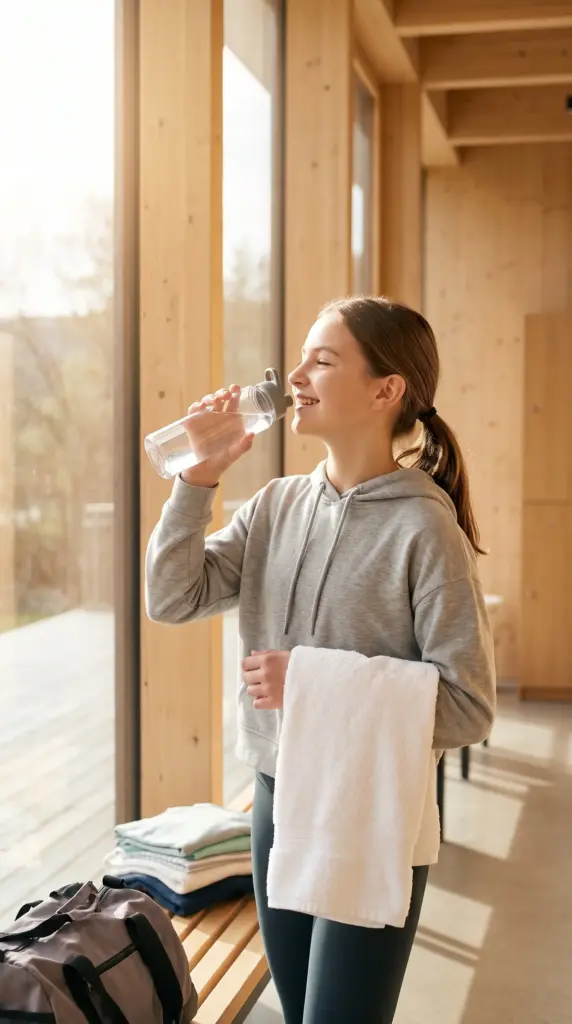 Teen girl drinking water as part of a healthy daily routine.