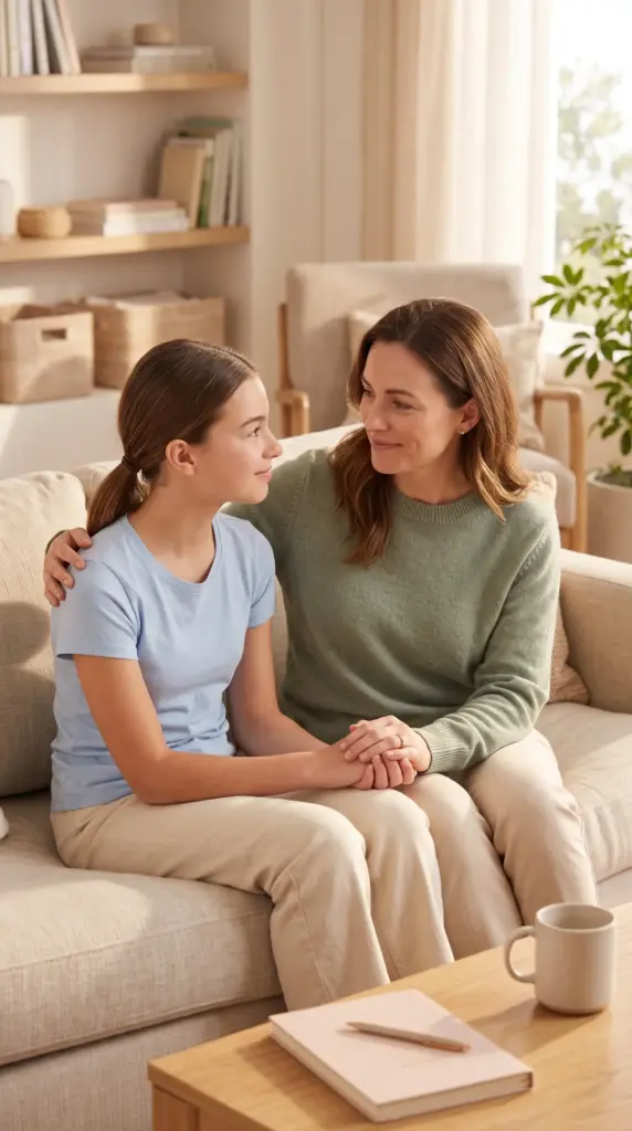 Teen girl having a supportive conversation with a trusted adult.