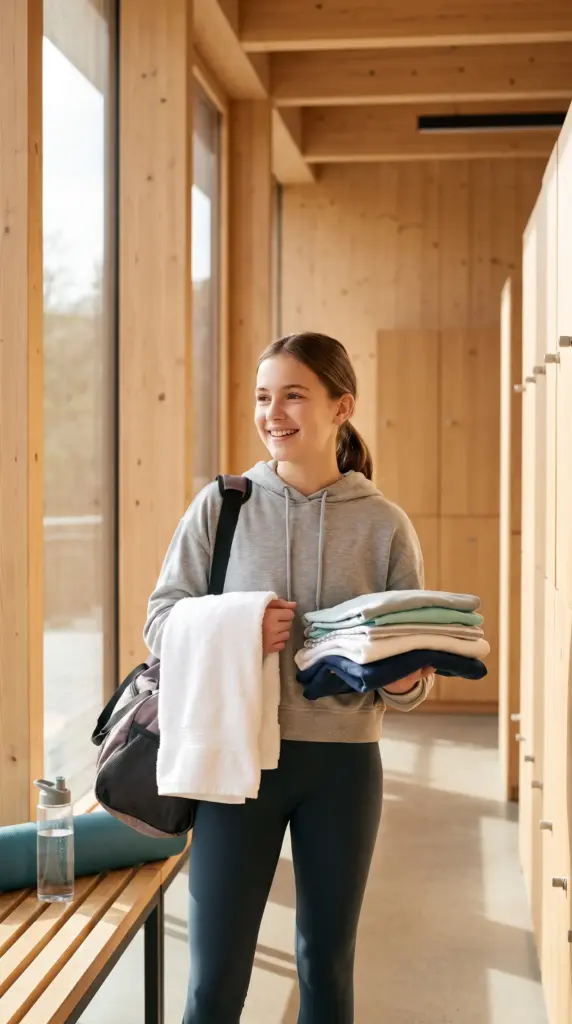 Teen girl changing into dry clothes after physical activity.