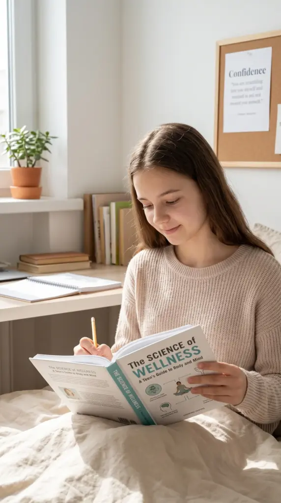 Teen girl reading health information and learning about body changes.