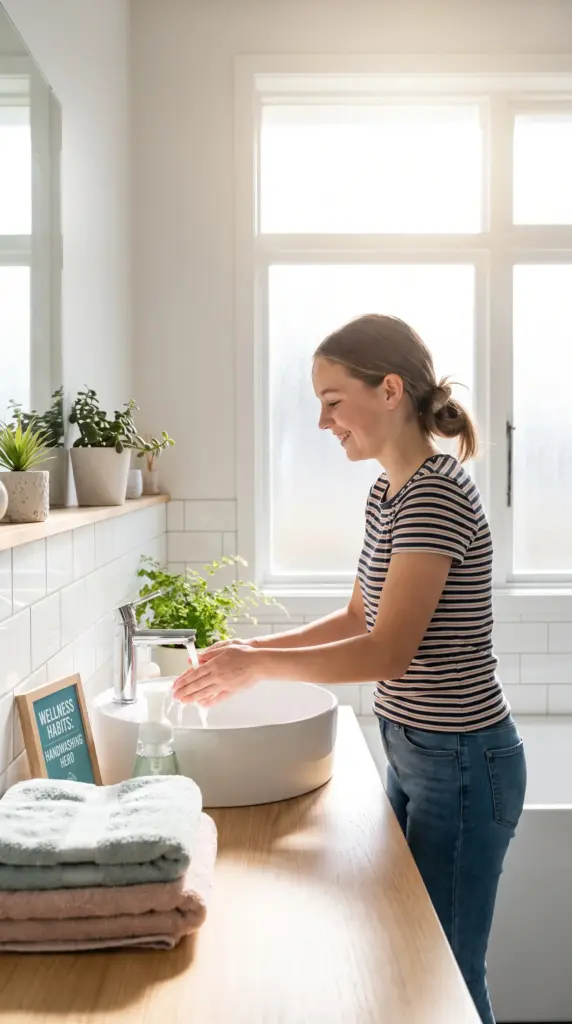 Teen girl practicing healthy bathroom hygiene habits.