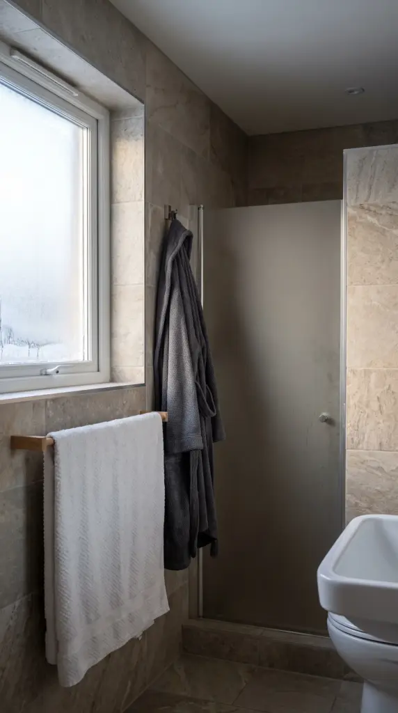 Clean bath towel hanging open to dry properly in a bathroom