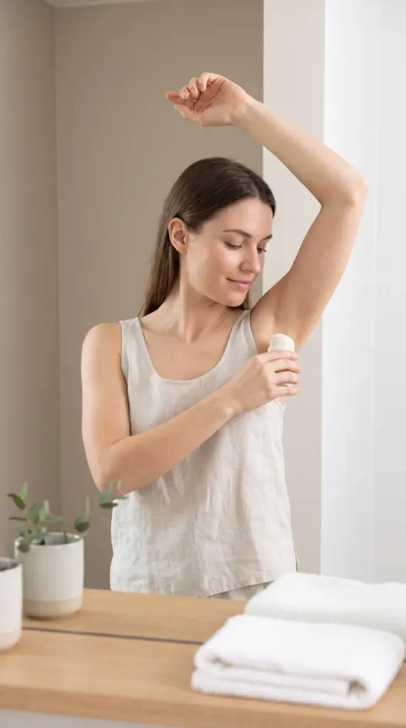 Woman applying deodorant as part of her morning hygiene routine