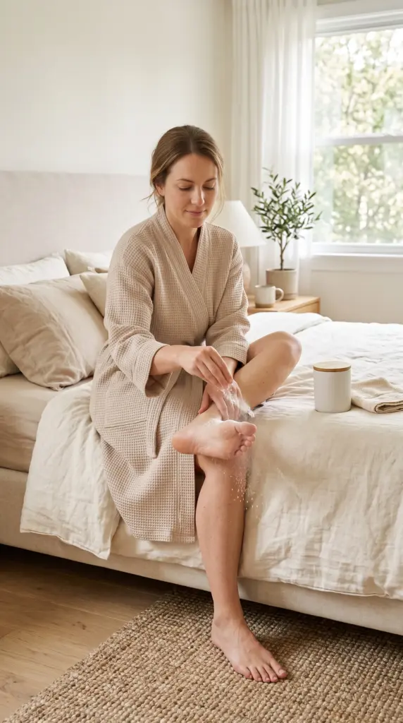 Adult woman applying foot powder to her clean dry feet