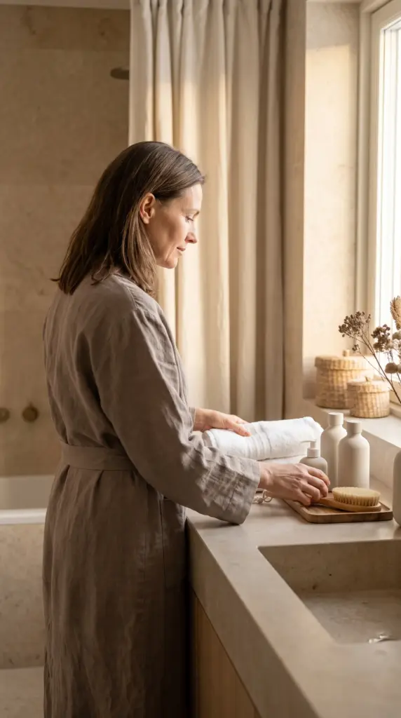 Woman following a gentle personal hygiene routine in winter