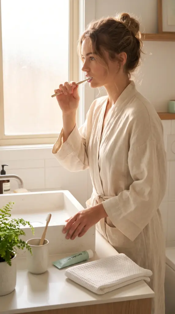 Woman brushing her teeth as part of a daily oral hygiene routine
