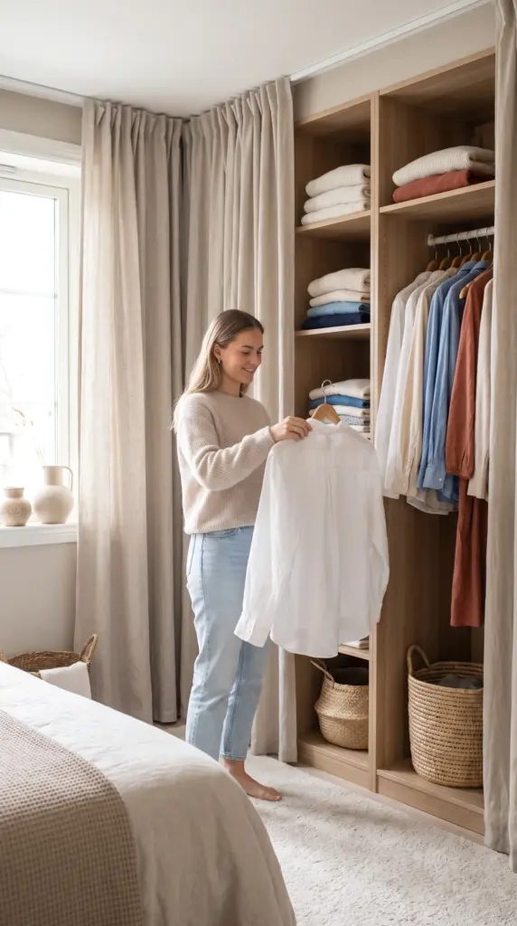 Woman choosing clean clothes from a neatly organized wardrobe