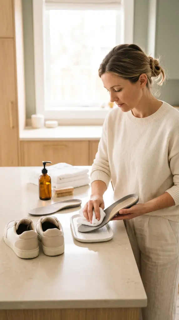 Adult woman cleaning removable shoe insoles separately