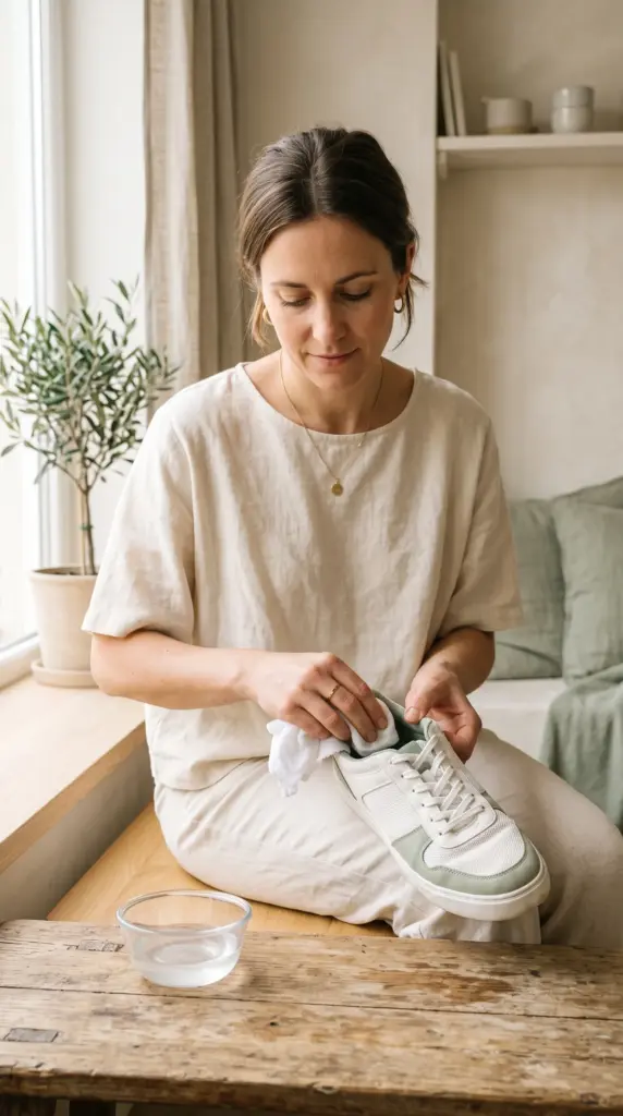 Adult woman wiping the inside of a sneaker with diluted vinegar