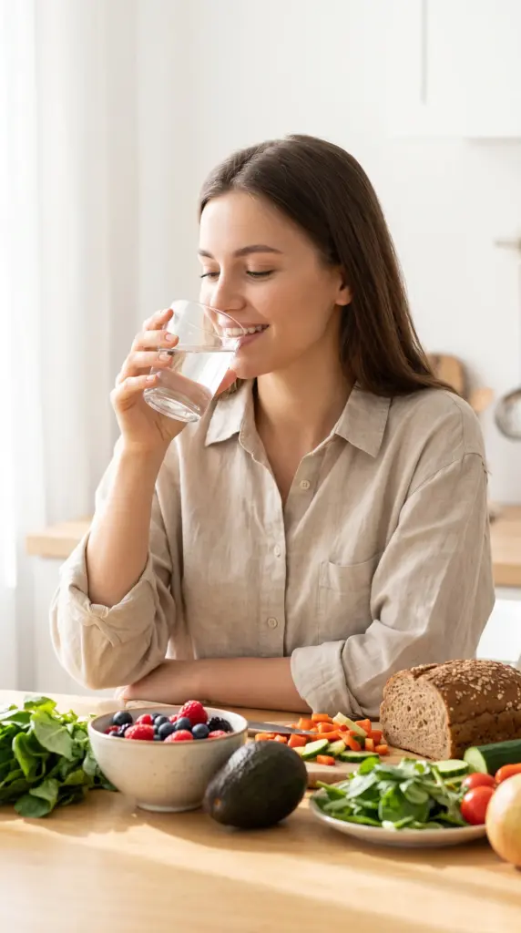 Woman drinking water with fresh healthy foods on the table