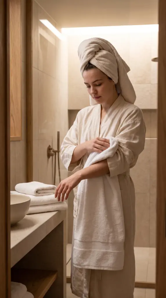 Woman drying her skin with a clean towel after showering