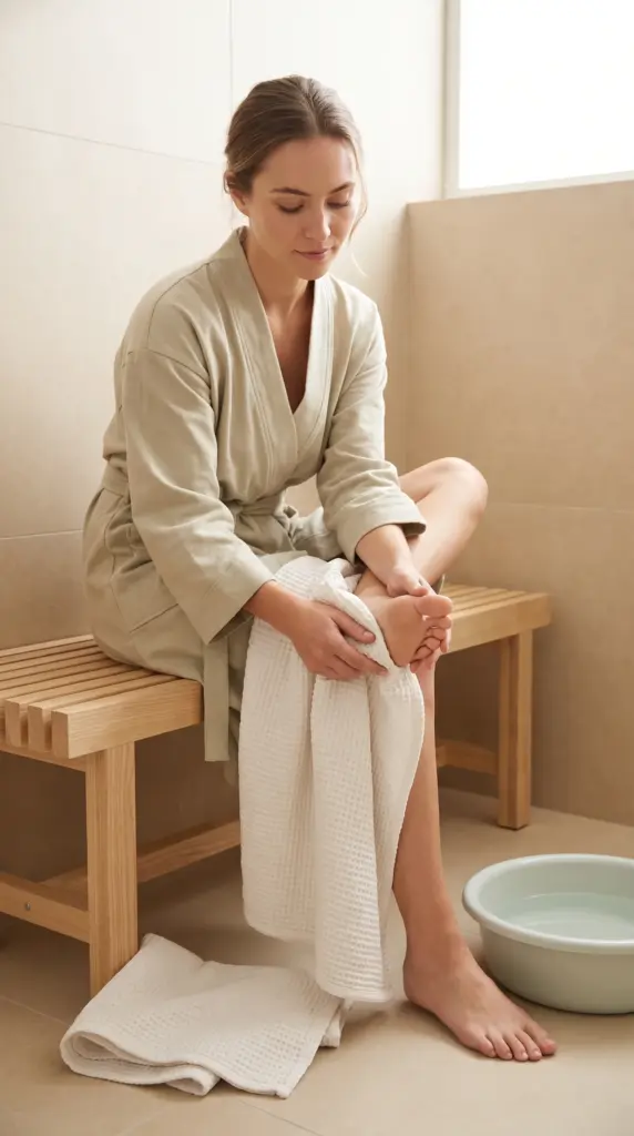 Woman drying her feet after washing them