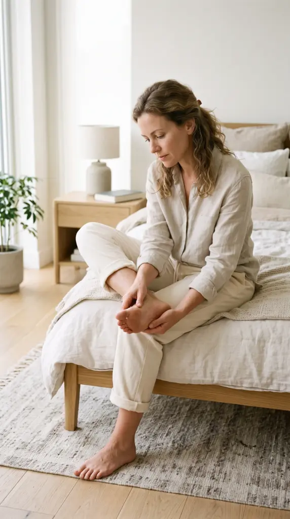 Adult woman checking her foot for unusual skin changes