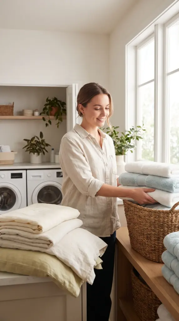 Fresh clean towels and bedding being prepared for washing