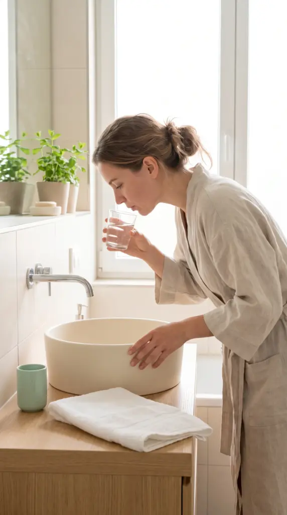 Woman rinsing her mouth with water after eating