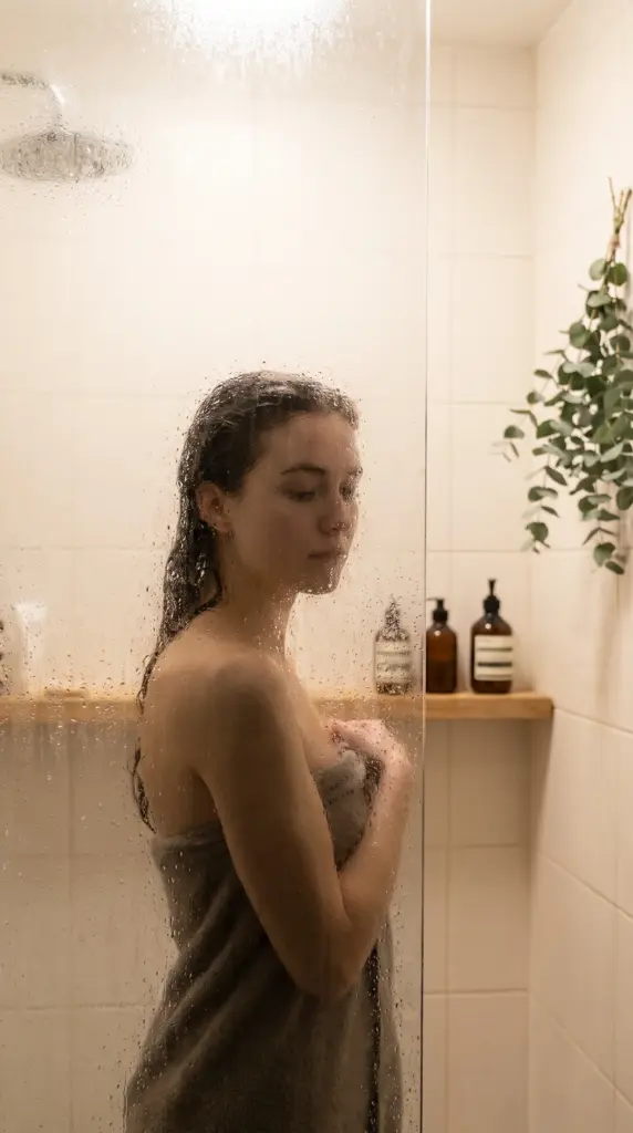 Woman taking a shower as part of her daily hygiene routine