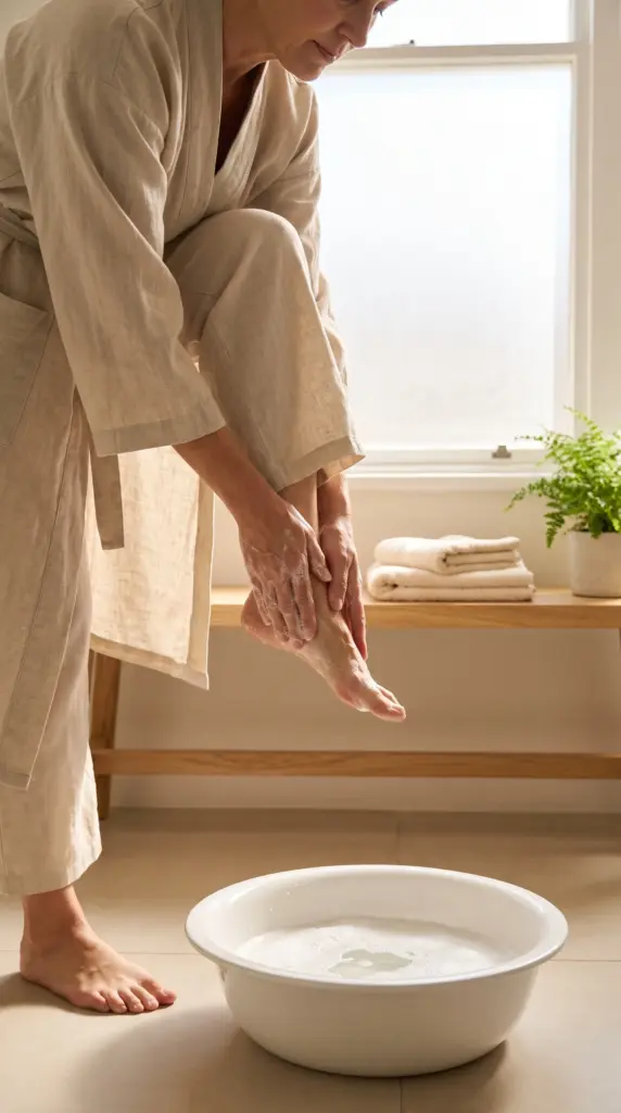Adult woman washing her feet with soap and water
