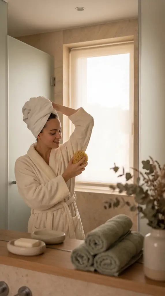 Woman washing her armpit during a shower