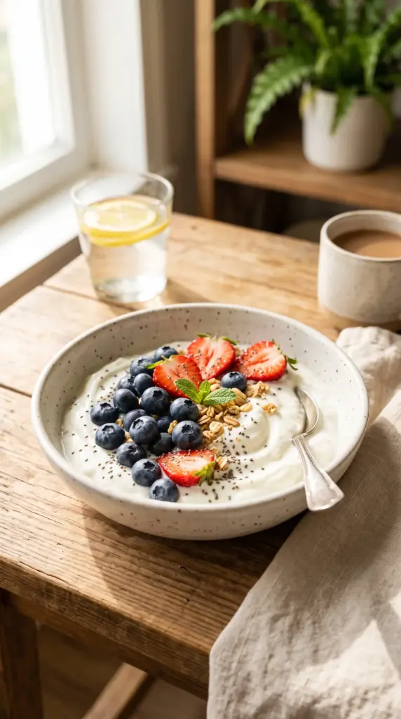 Bowl of plain yogurt topped with fresh berries.