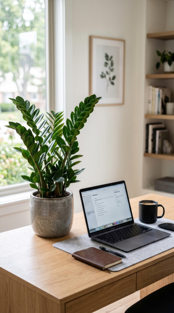 ZZ plant on a minimalist office desk with modern decor.